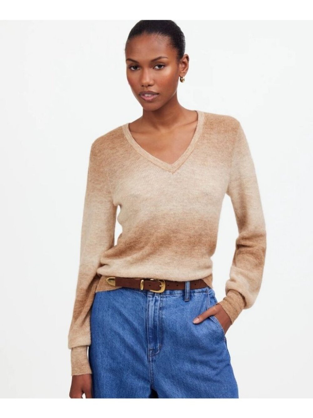Madewell Alpaca-Blend Deep V-Neck Sweater Women's Size XXS Spacedye Fawn NWT!